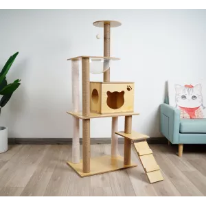 Arbre à chat en bois massif - Maximise l'espace