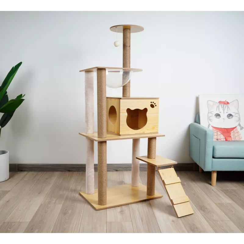 Arbre à chat en bois massif - Maximise l'espace