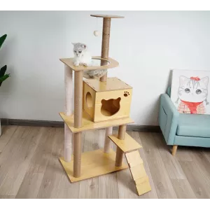 Arbre à chat en bois massif - Maximise l'espace