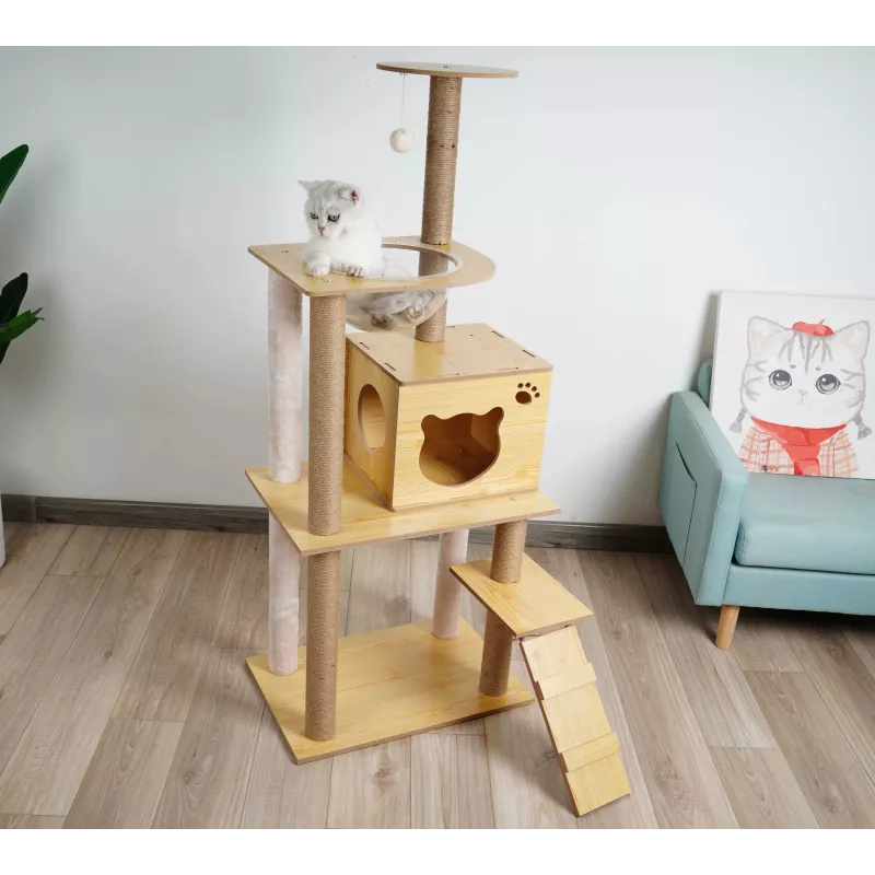 Arbre à chat en bois massif - Maximise l'espace