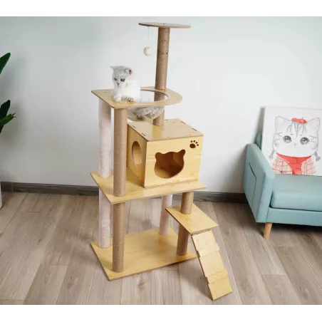 Arbre à chat en bois massif - Maximise l'espace